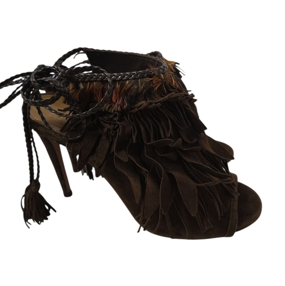 Aquazzura Brown  Suede Tassel Ankle Tie Sandals Size 38 - Picture 3 of 8